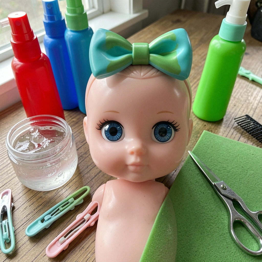 Mesa com sprays coloridos, gel, grampos, EVA e tesoura para atividade infantil.