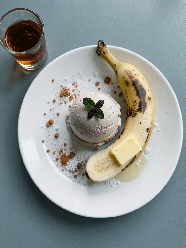 Ingredientes para banana flambada: bananas, manteiga, açúcar, conhaque e sorvete sobre uma bancada.