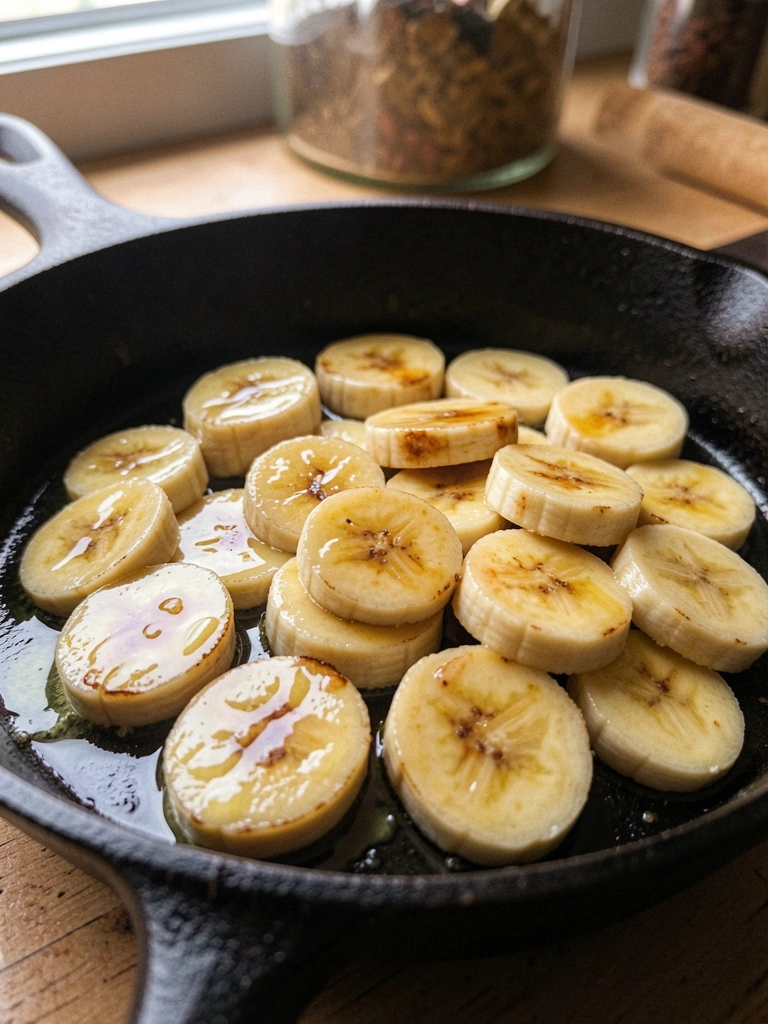 Fatias de banana sendo cortadas sobre uma frigideira com manteiga derretida.