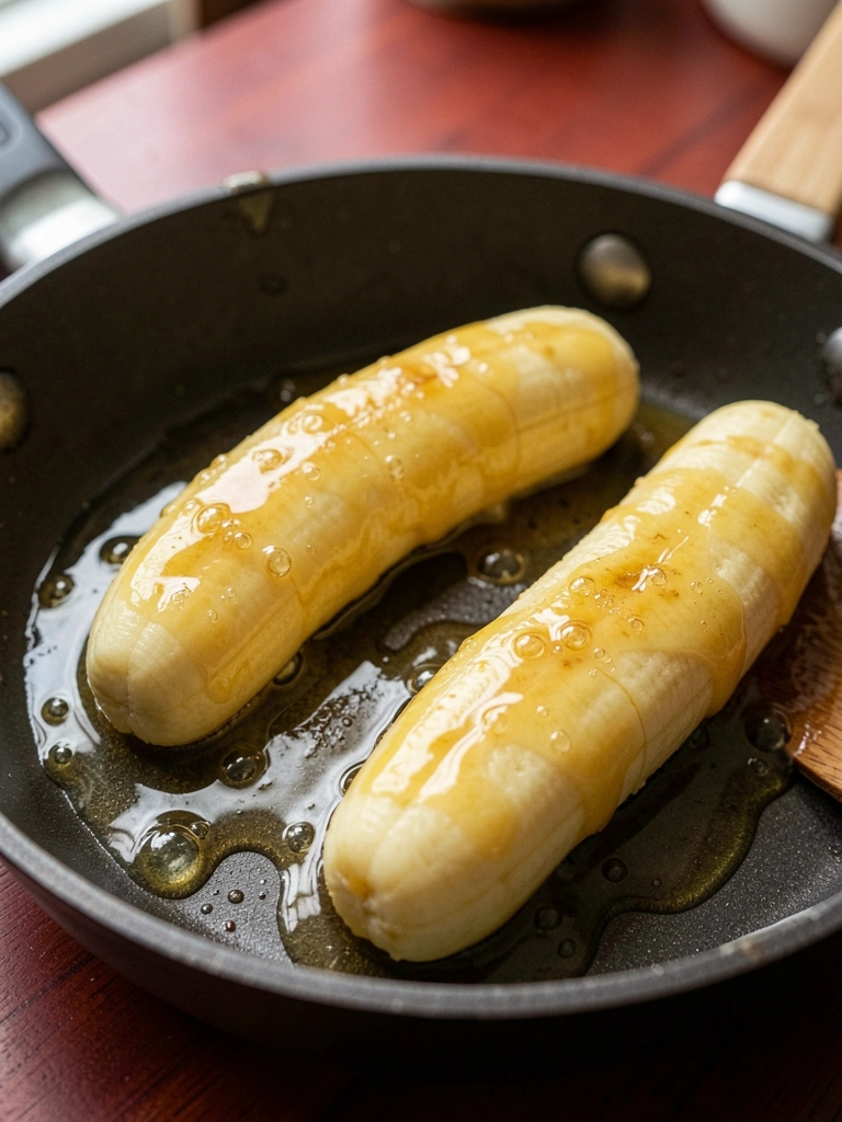 Bananas caramelizando em frigideira com açúcar derretido.