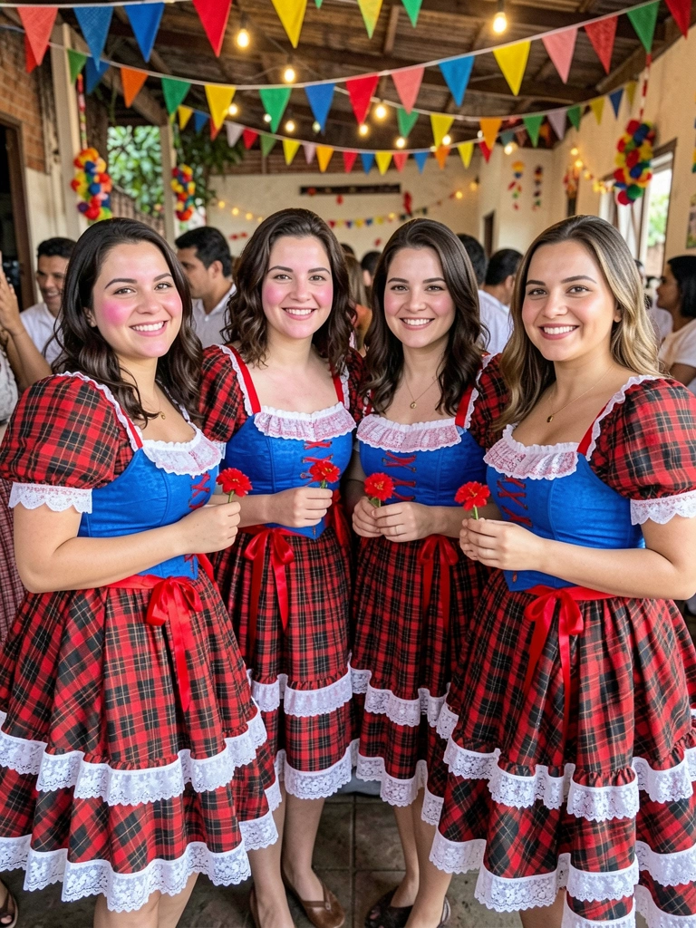 Mulheres vestindo vestidos típicos coloridos em uma festa junina, sorrindo e conversando.