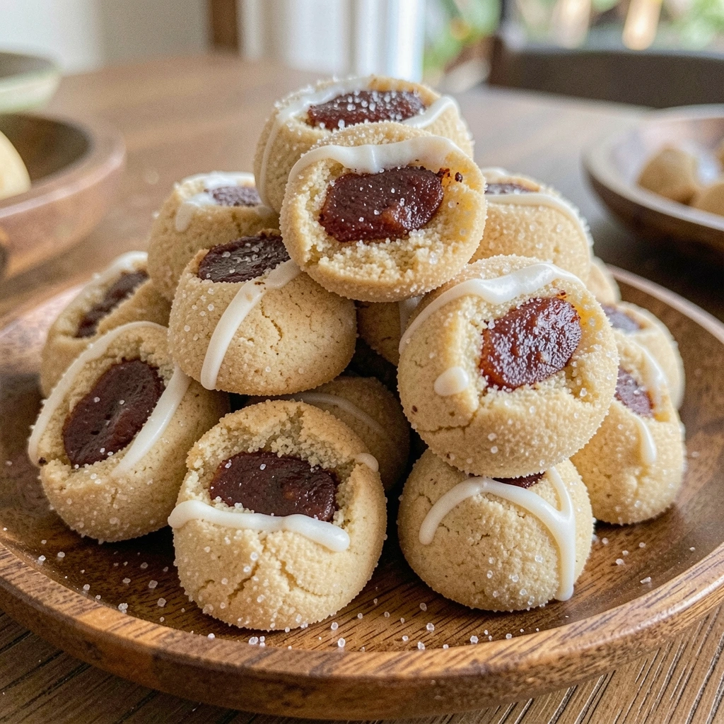 Biscoitos casadinhos empilhados em um prato rústico de cerâmica.
