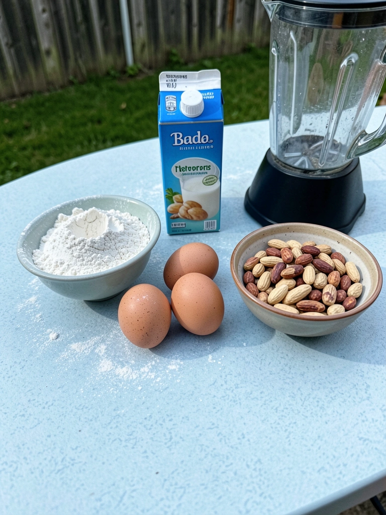 Ingredientes para bolo dispostos sobre uma mesa: farinha, ovos, leite, amendoim torrado e um liquidificador.