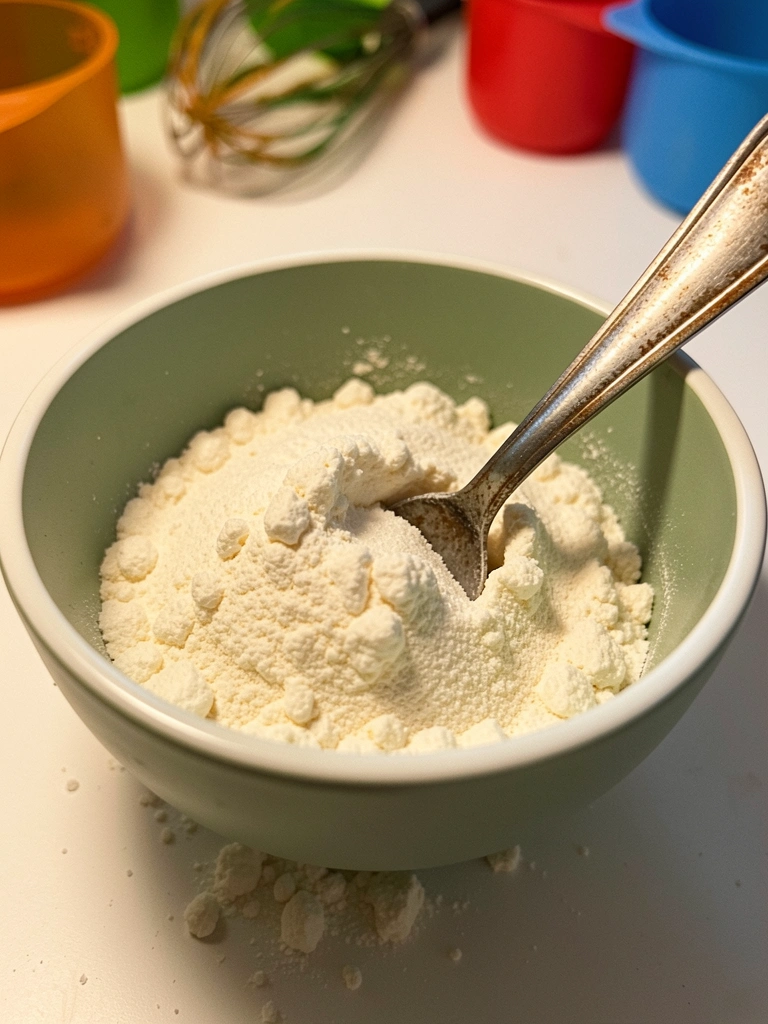 Tigela com farinha e açúcar, com utensílios de cozinha ao fundo.