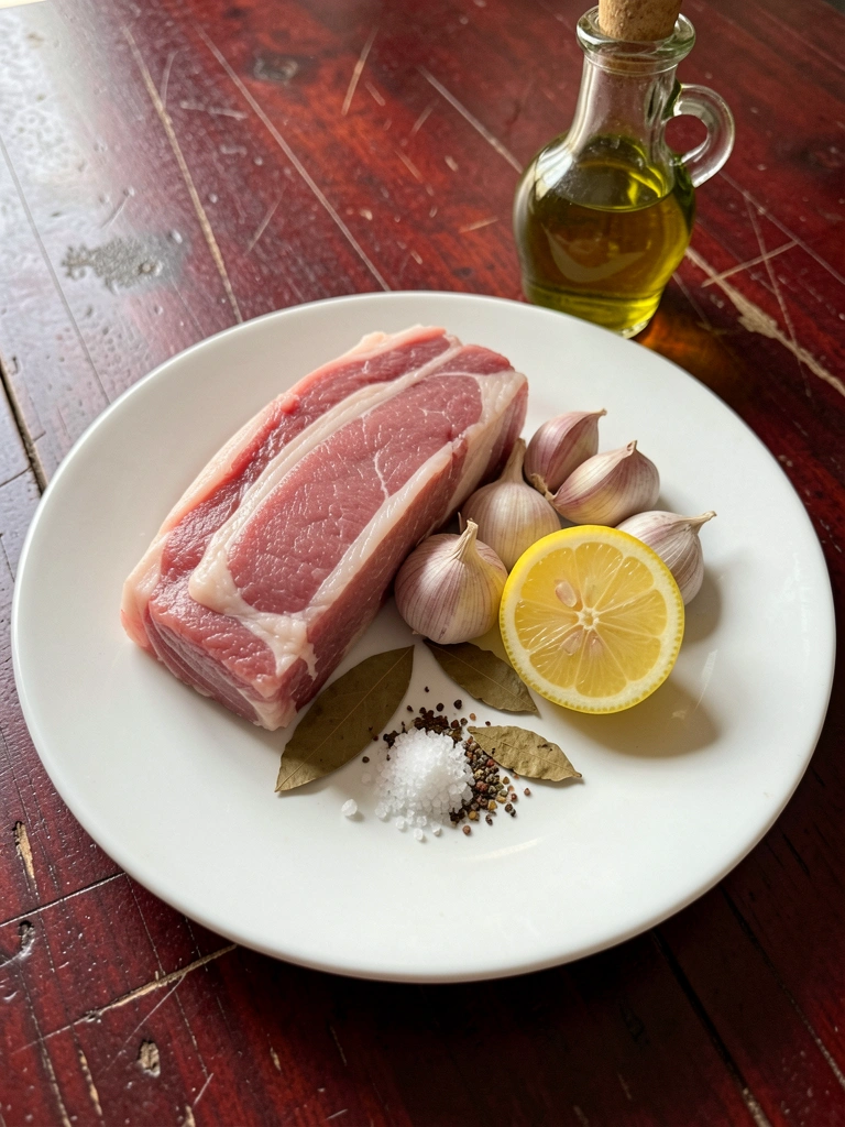 Lombo de porco temperado com alho, limão e louro sobre tábua de madeira.