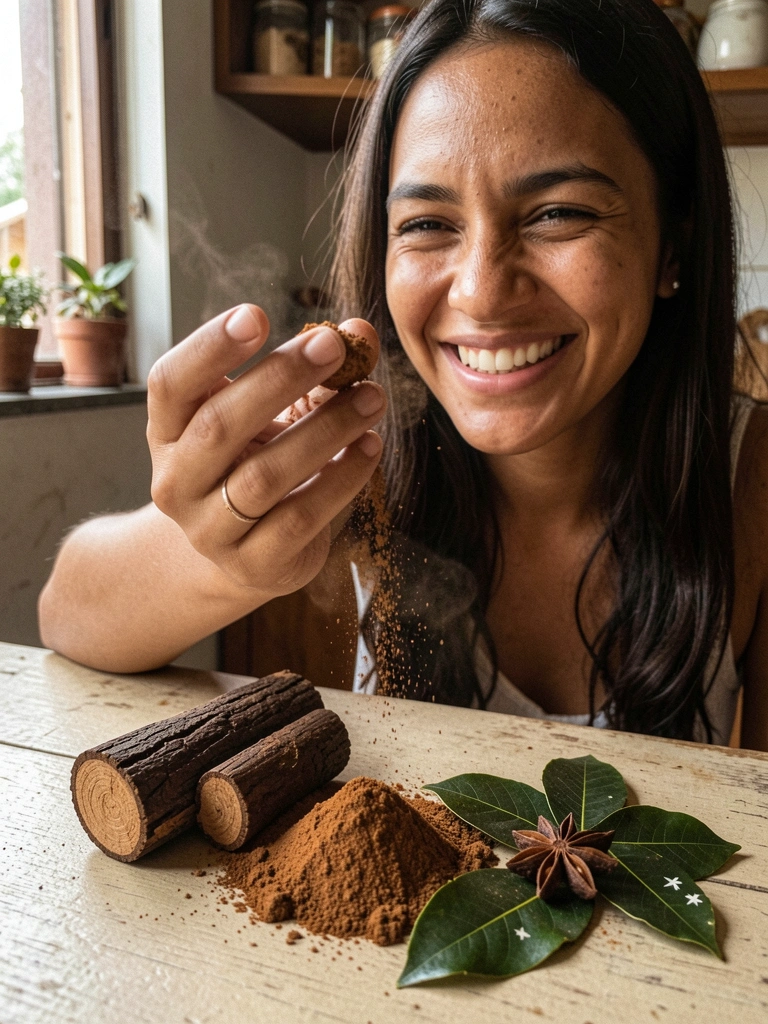 Mão segurando uma pitada de canela em pó contra fundo escuro.