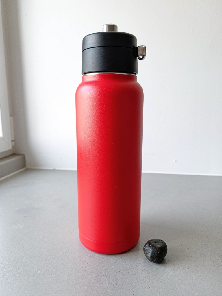 Garrafa térmica Termolar de 1 litro, corpo em aço inoxidável com detalhes em preto e vermelho.