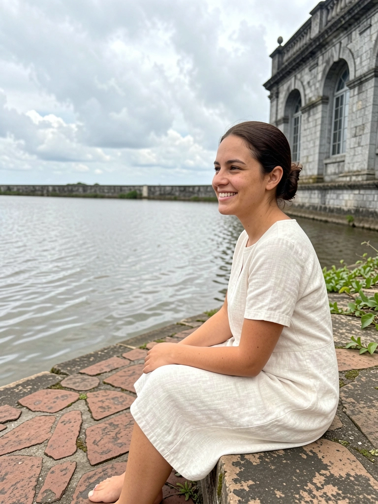 Mulher pensativa olha para o horizonte em um campo aberto.