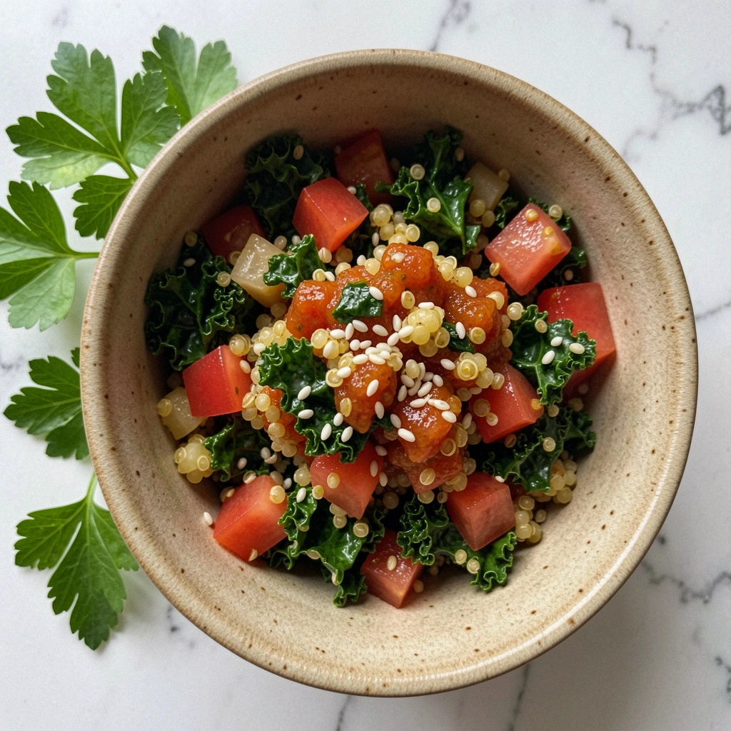 Tigela de tabule de quinoa com grãos, ervas e legumes sobre fundo de mármore.