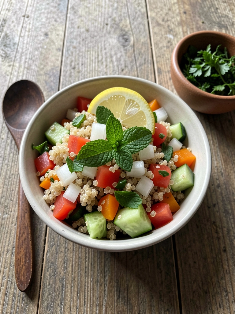 Ingredientes frescos sobre mesa de madeira: quinoa, tomates, pepino e ervas.