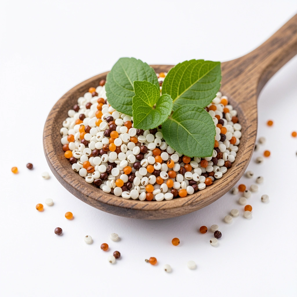Grãos de quinoa branca e tricolor em uma colher de pau sobre superfície de madeira.
