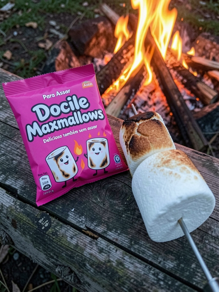 Dois marshmallows espetados, um industrial firme e outro caseiro mole, próximos a uma fogueira.