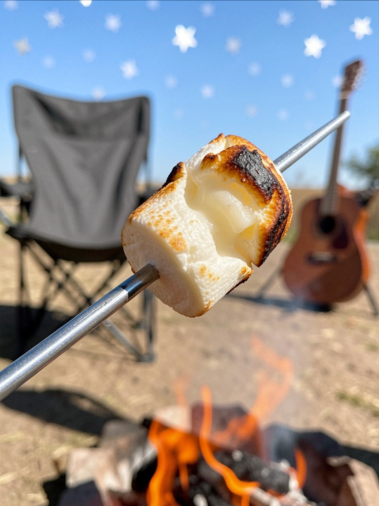 Close de um marshmallow torrado com interior cremoso e superfície dourada.