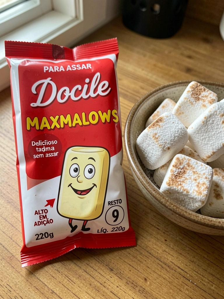 Pacote de marshmallow industrial ao lado de tigela com marshmallow caseiro.