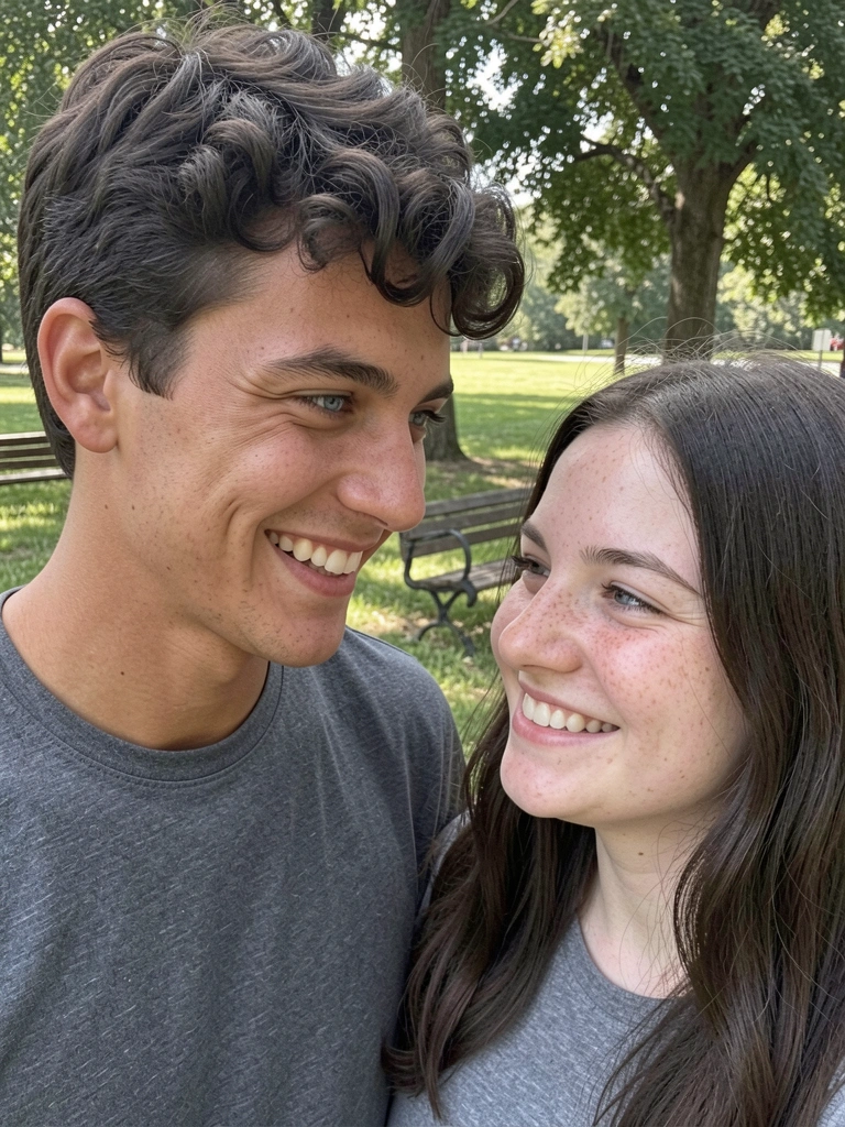 Casal sorrindo e trocando olhares em um parque ensolarado.