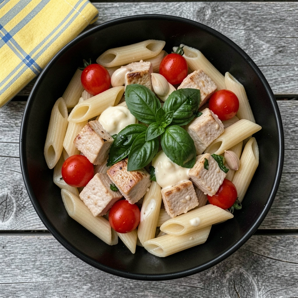 Ingredientes sobre uma mesa de madeira: macarrão penne, peito de frango em cubos, creme de leite, tomates e alho.