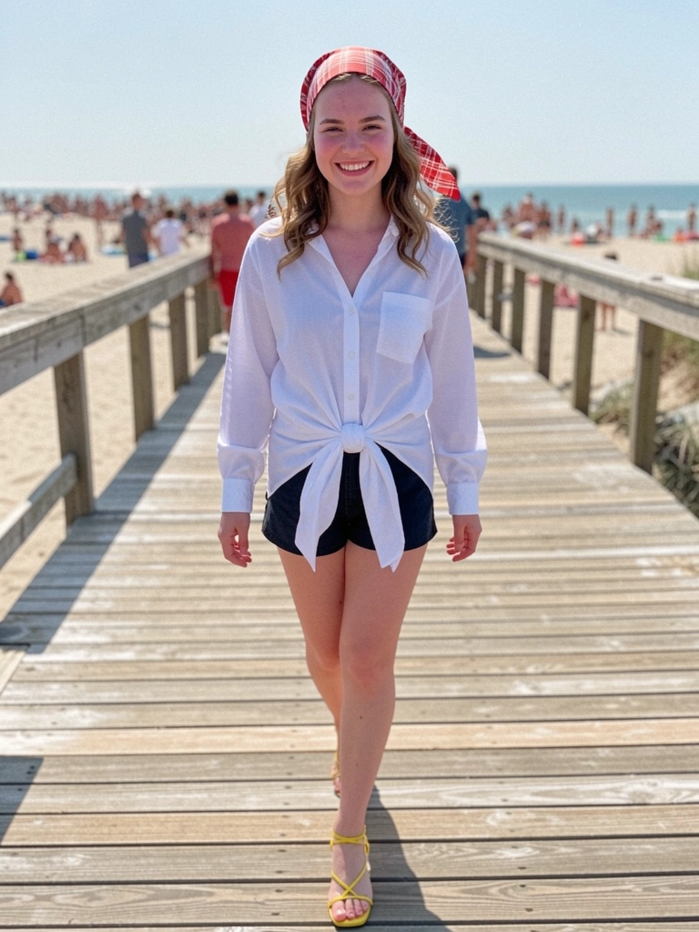Mulher com lenço na cabeça estilo anos 70 caminha na areia da praia.