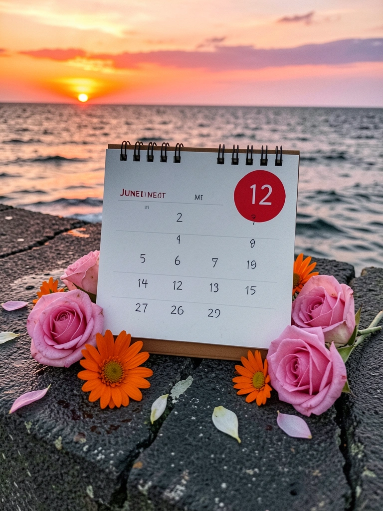 Calendário de parede com o dia 12 de junho marcado, rodeado por flores coloridas.