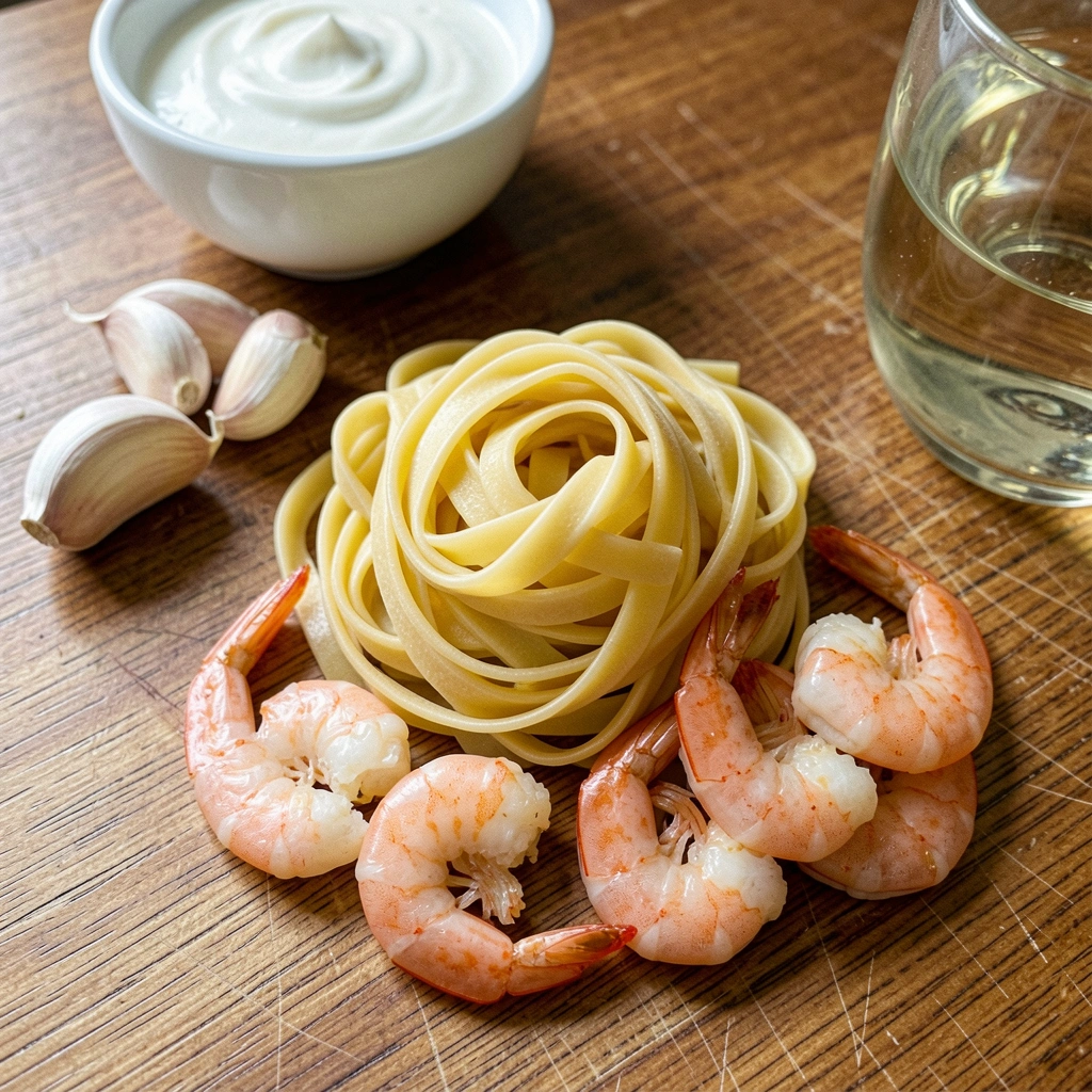 Ingredientes para talharim com camarão dispostos em uma bancada: massa, camarões, alho, vinho e creme de leite.