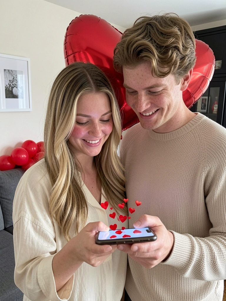 Casal sorrindo olha para celular com corações na tela.