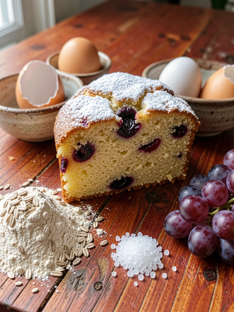 Uvas, farinha, ovos e açúcar dispostos sobre uma superfície de mármore.