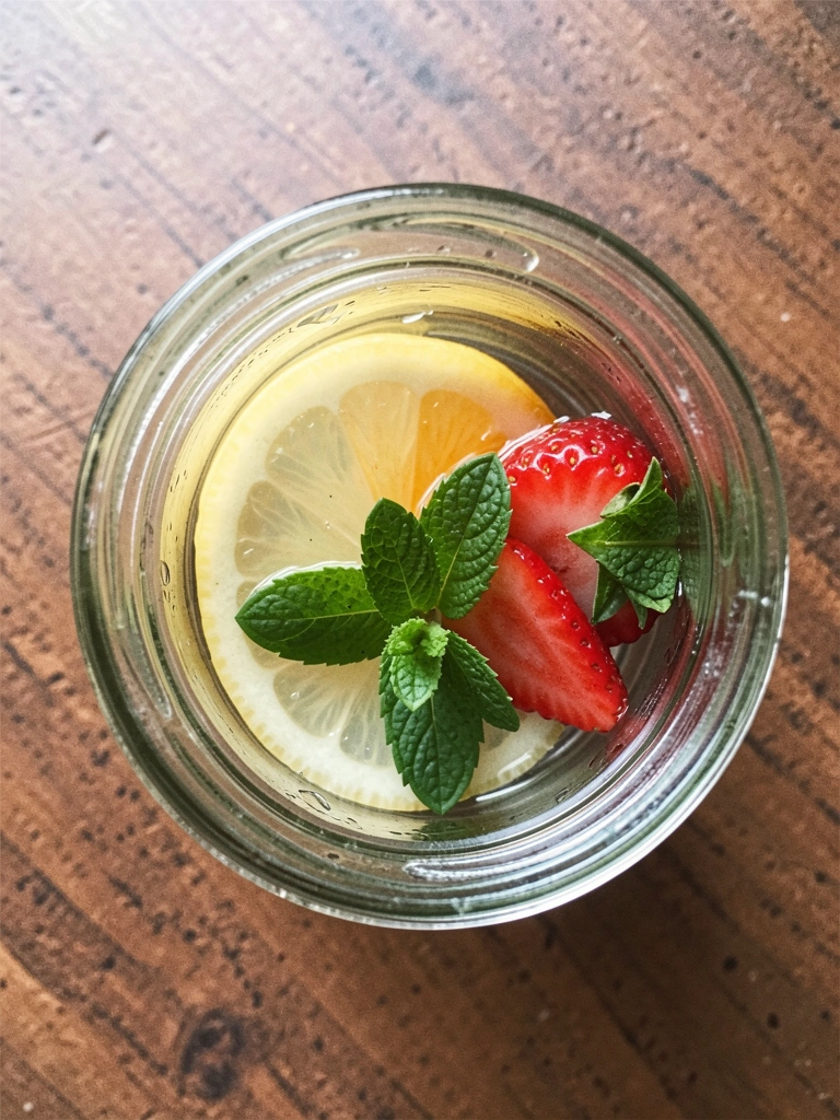 Jarra de vidro com água, rodelas de limão, laranja e folhas de hortelã, vista superior.