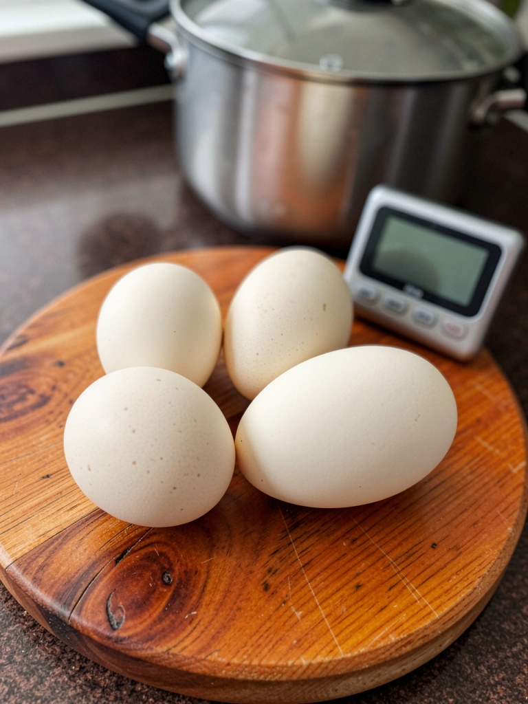 Ovos crus sobre pia de cozinha ao lado de cronômetro e panela.