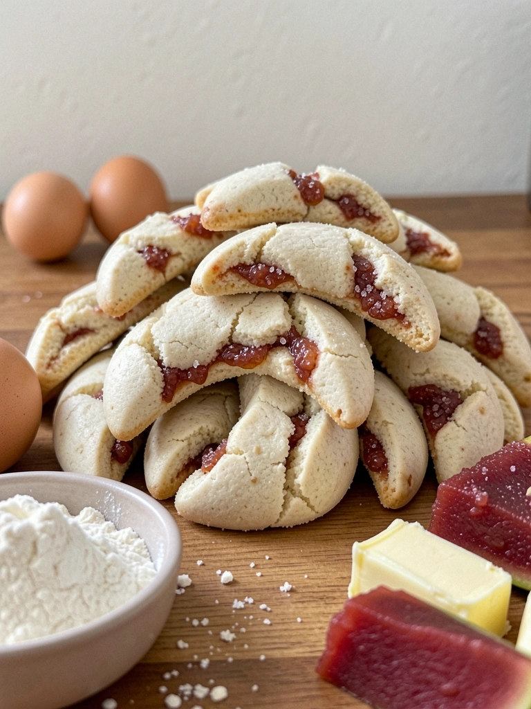 Ingredientes para goiabinha: farinha, manteiga, ovos e goiabada sobre uma bancada.