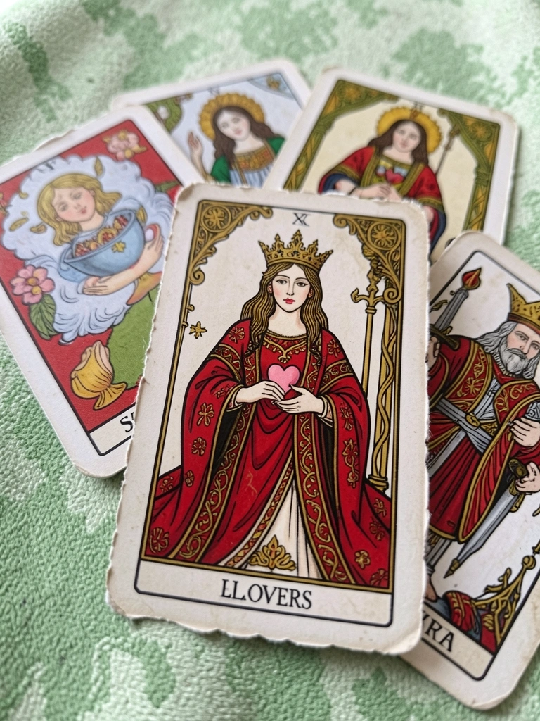 Carta do tarô com a figura de um casal sob um anjo, em fundo escuro com estrelas.