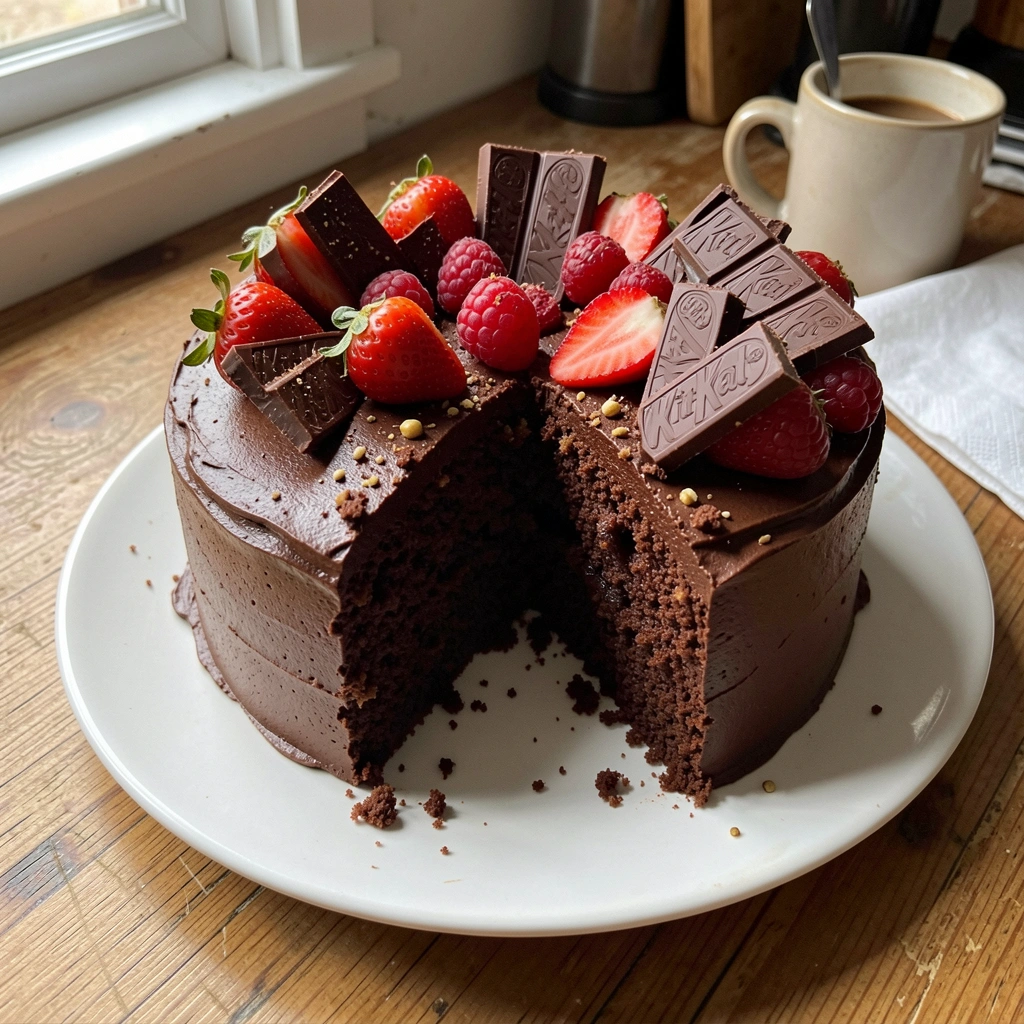 Bolo de chocolate coberto com barras de Kit Kat e frutas vermelhas no topo.