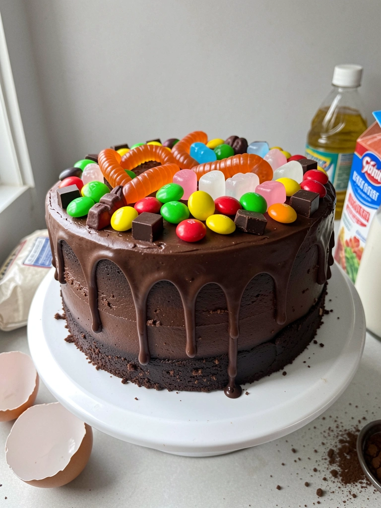 Ingredientes para massa de bolo de chocolate: ovos, farinha, cacau, óleo e leite sobre uma bancada.