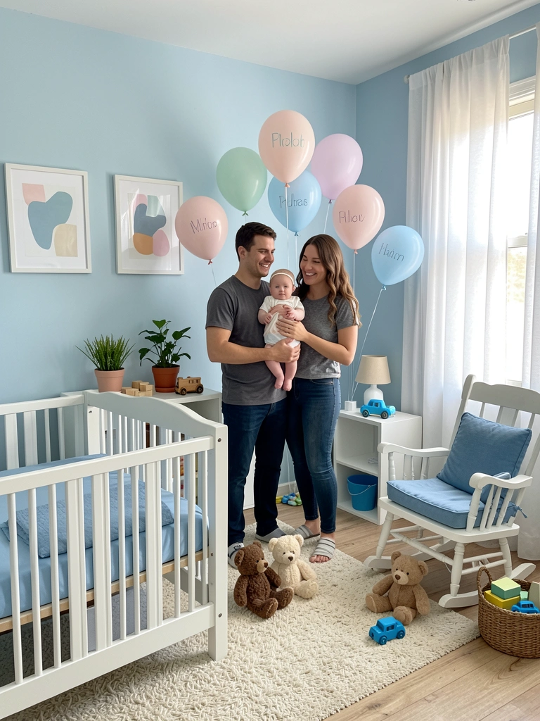 Pai e mãe sorrindo segurando um bebê, com balões de nomes ao redor.