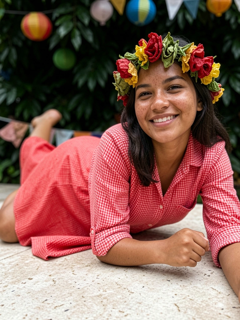 Mulher sorrindo em ambiente festivo, vestindo camisa xadrez vermelha e saia rodada.