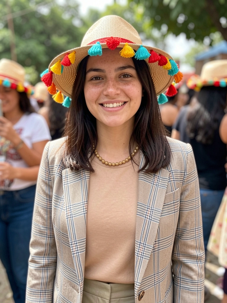 Blazer xadrez sobre calça de alfaiataria, composição moderna de look junino.