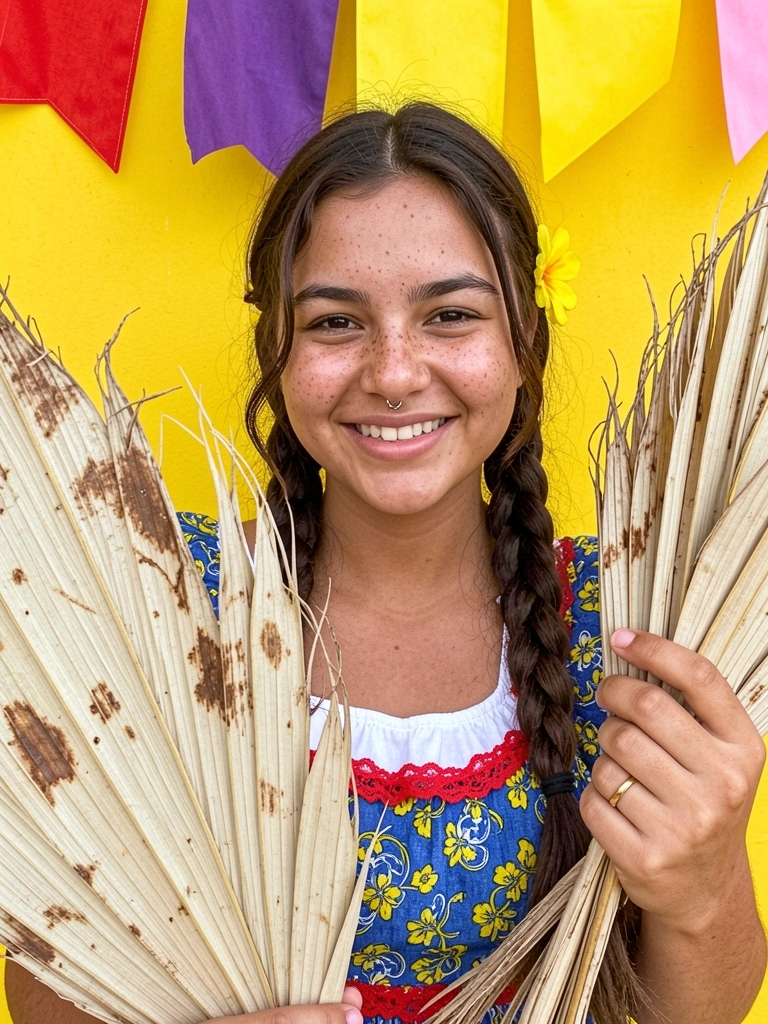 Mulher com chapéu de palha e vestido junino em fundo neutro.