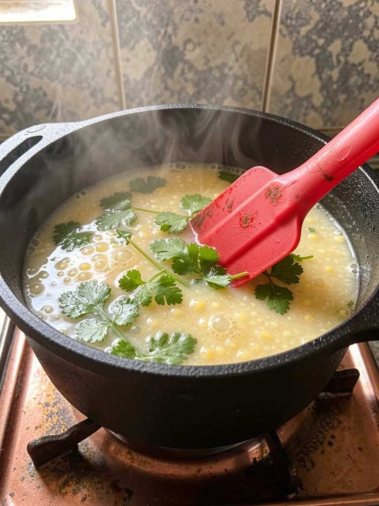 Tigela de caldo de fubá fumegante com cheiro-verde salpicado por cima.