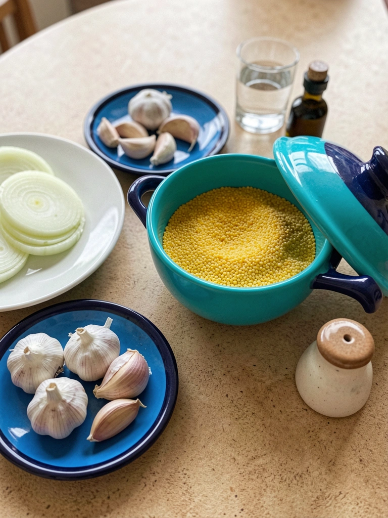 Ingredientes para caldo de fubá: fubá, cebola, alho, óleo, água e sal sobre uma bancada de madeira.