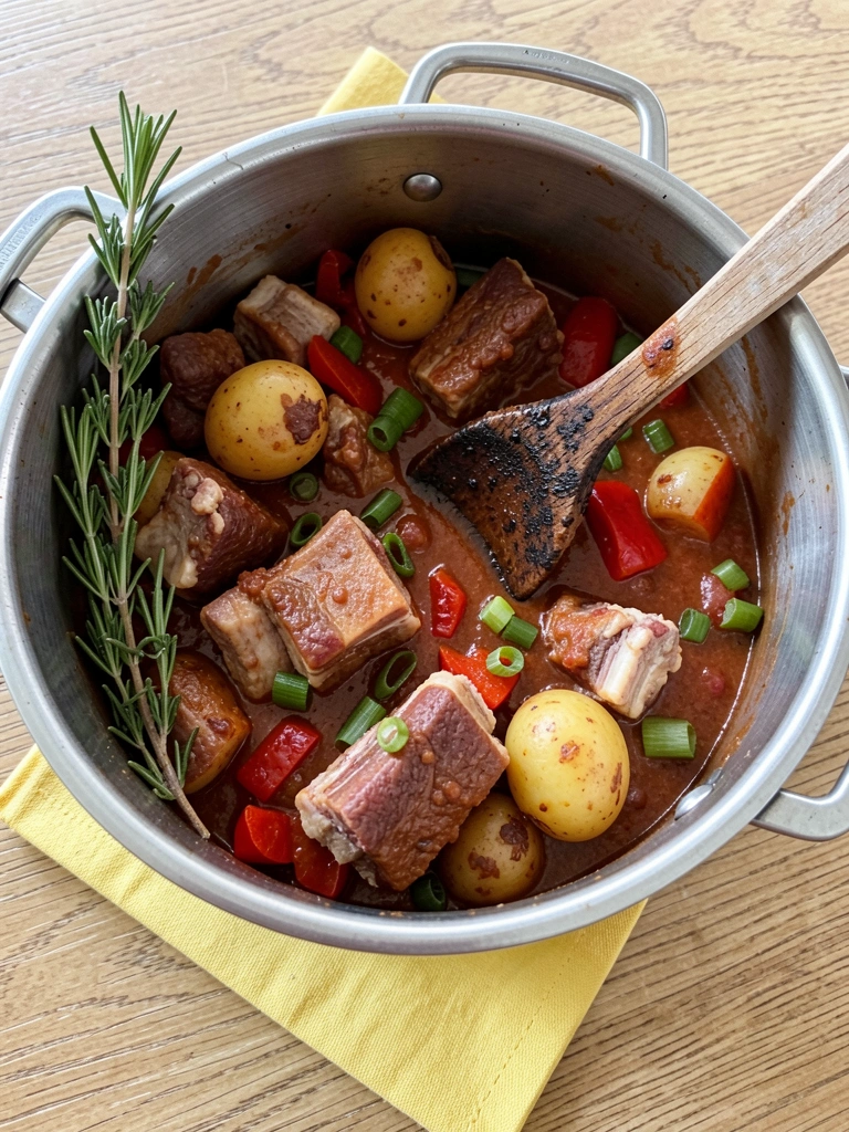 Panela de pressão aberta com costelinha suína e pedaços de legumes no caldo.