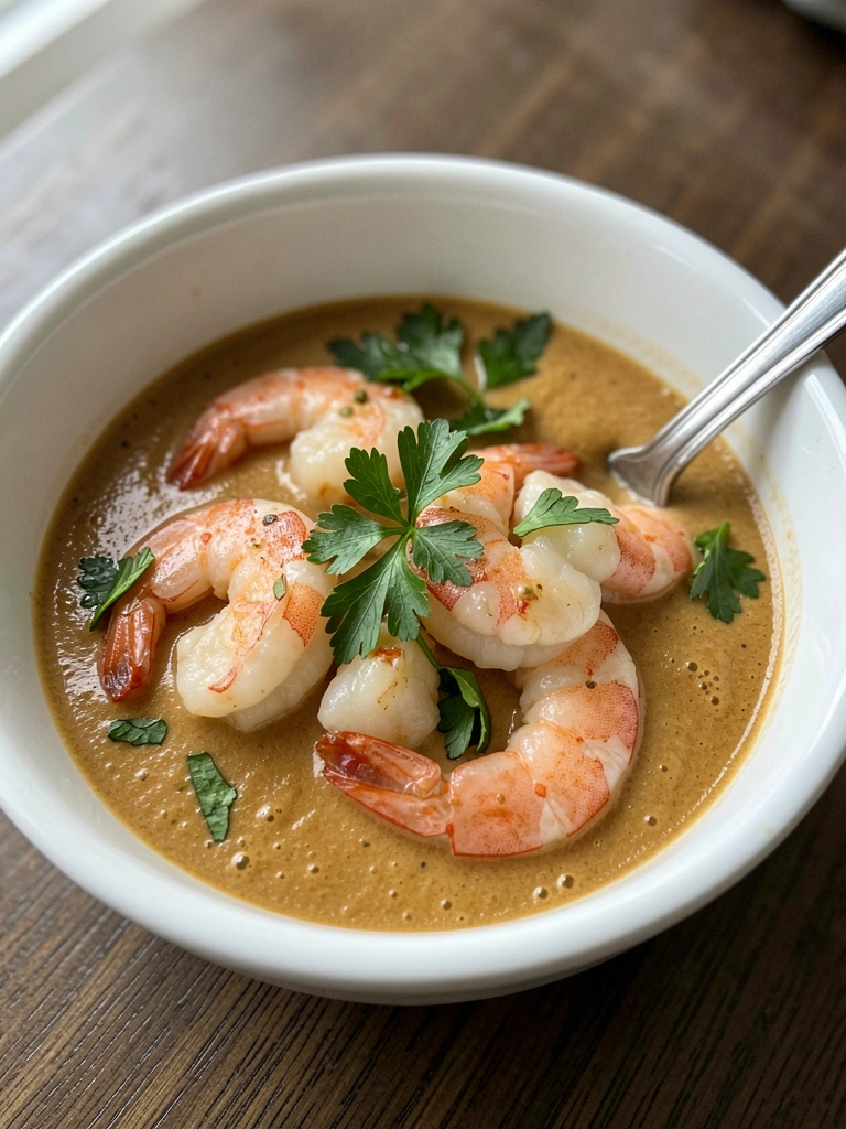 Tigela branca com molho bisque cremoso, camarões e salsinha picada.
