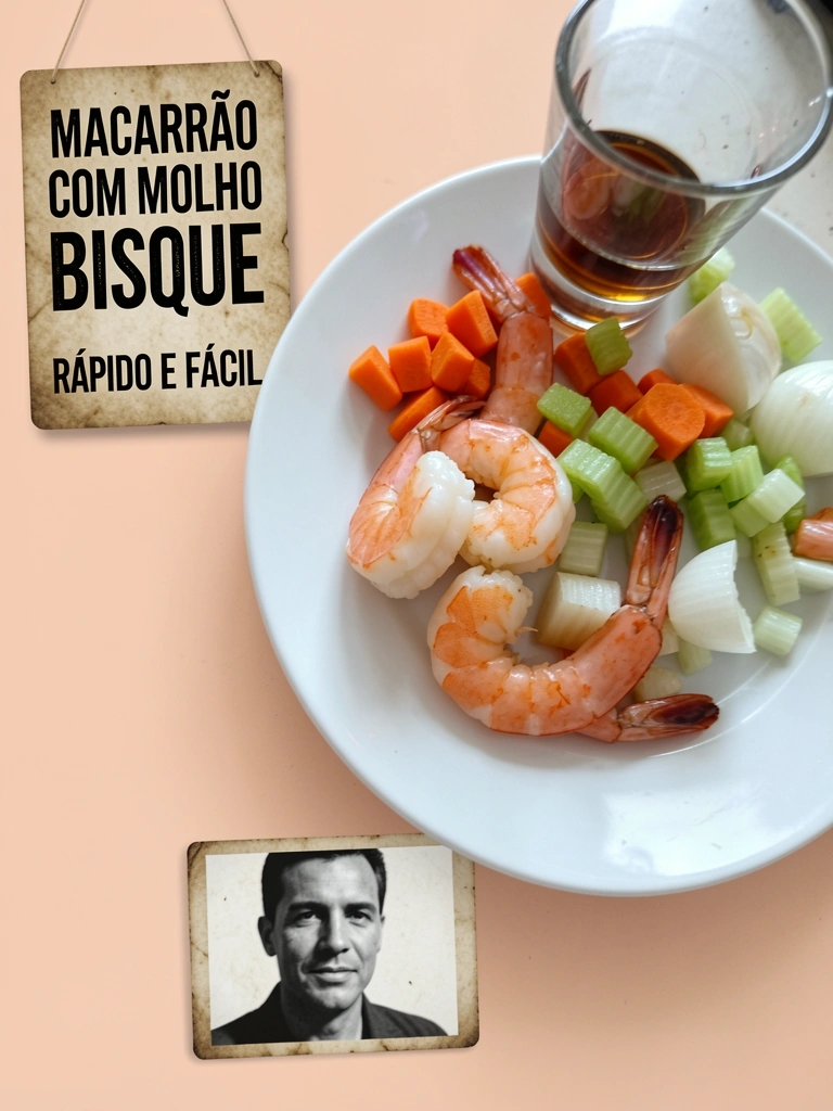 Ingredientes para bisque dispostos sobre uma tábua: camarões, legumes e uma garrafa de conhaque.