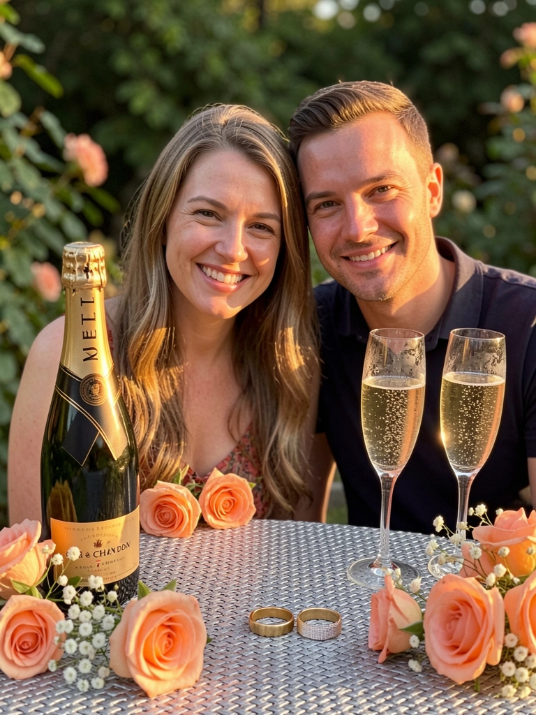Casal sorrindo em ambiente com decoração em tons de coral.
