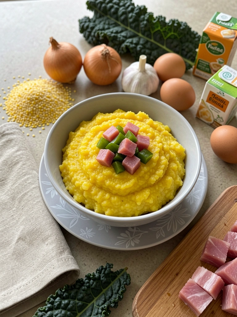 Ingredientes sobre uma mesa de madeira: fubá, cebola, alho, couve, ovos e caldo de galinha.