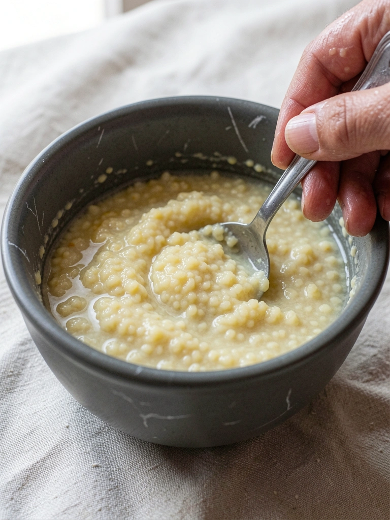 Mão dissolvendo fubá em água fria dentro de uma tigela de vidro.