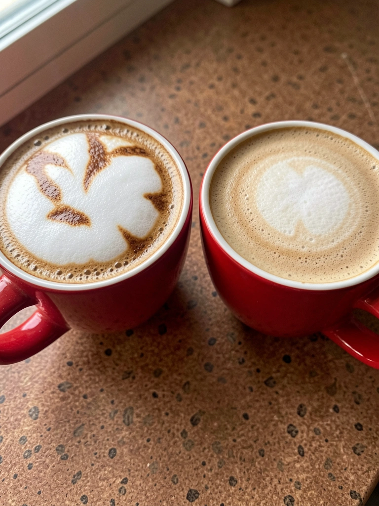 Dois copos lado a lado, um com cappuccino tradicional e outro com cappuccino proteico, sobre uma mesa de madeira.